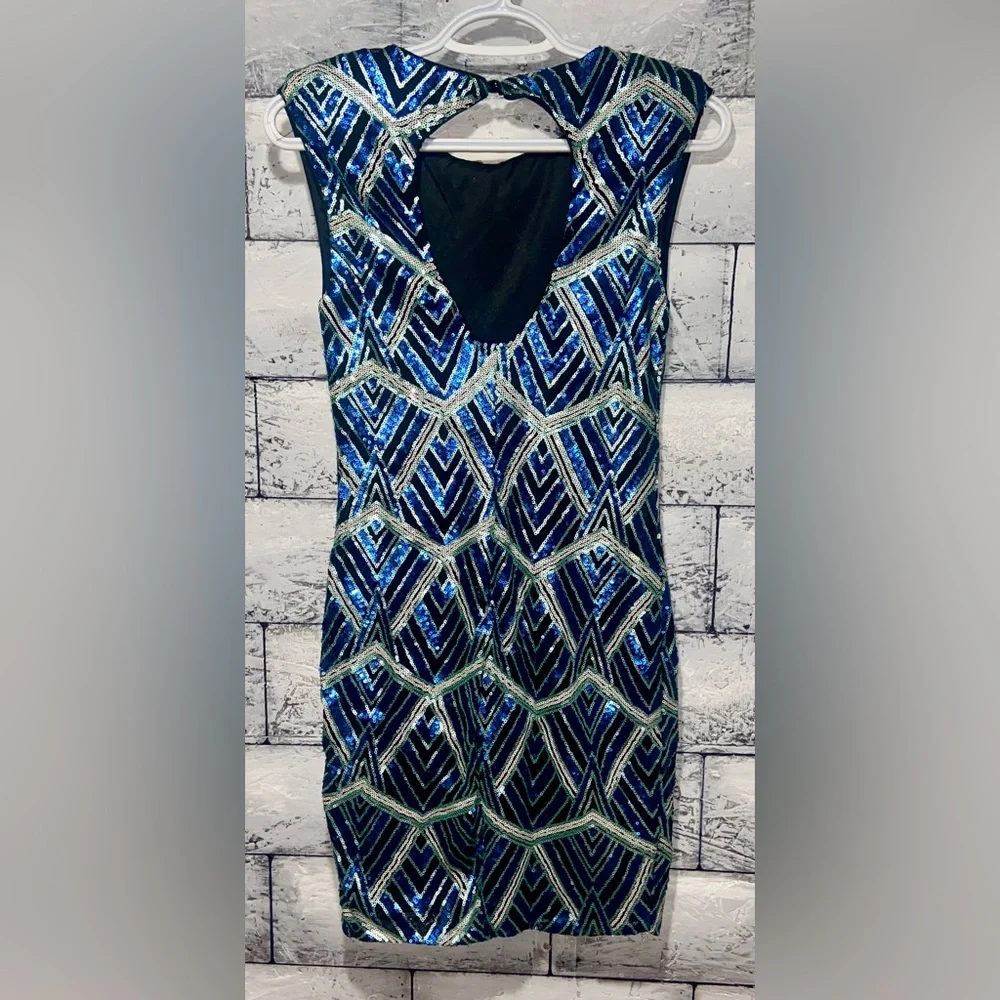 As You Wish Blue Combo Sequin Sheath Mini Dress Sz Small - Picture 5 of 6